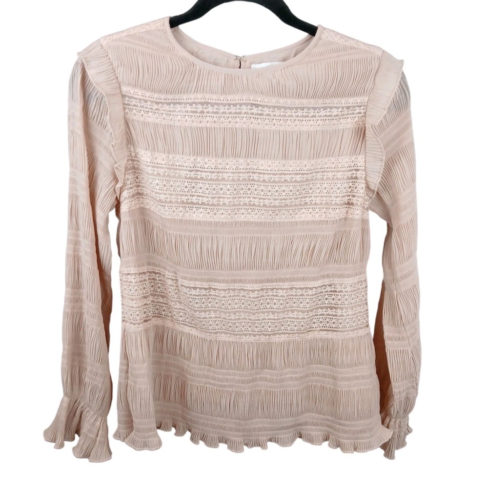 Anthropologie Velvet Blush Pink Lace Ruched Long Sleeve Top Size XS Romantic